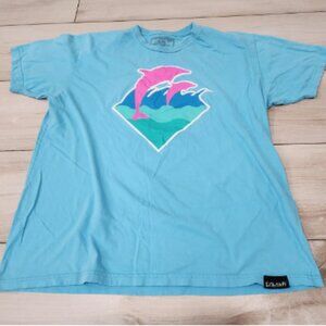Vtg Mens Pink Dolphin Shirt 2XL Blue pink Skateboard Crew Tee Streetwear USA
